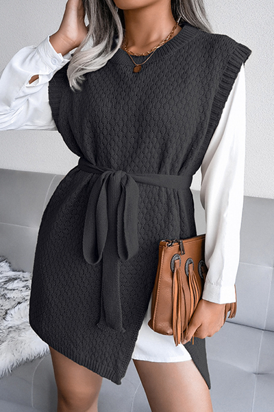 Slit With Belt O Neck Tops Sweater