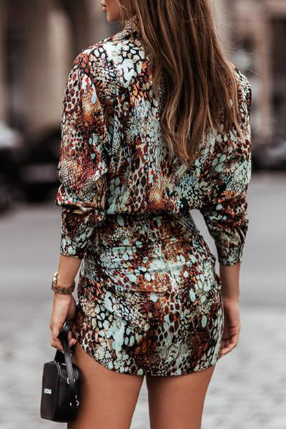 Print Buckle Strap Design Turndown Collar Waist Skirt Dresses(4 Colors)
