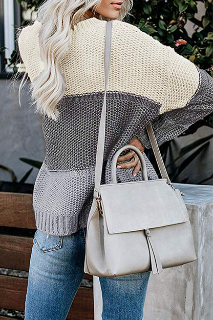 Patchwork Basic Contrast O Neck Tops Sweater