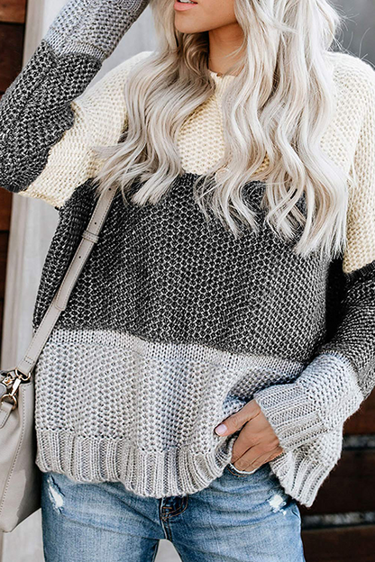 Patchwork Basic Contrast O Neck Tops Sweater