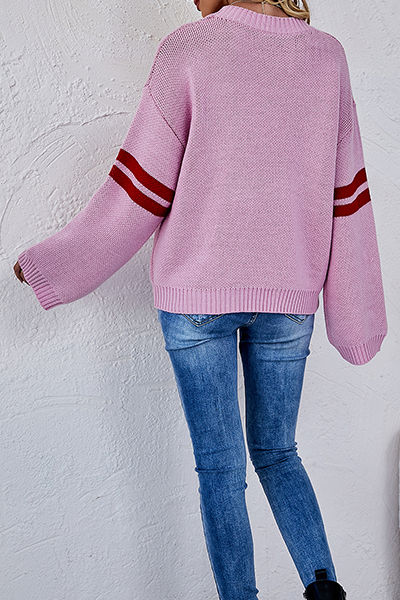Striped Patchwork Contrast O Neck Tops Sweater