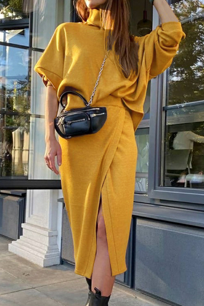 Street Split Joint Slit Turtleneck Long Sleeve Two Pieces