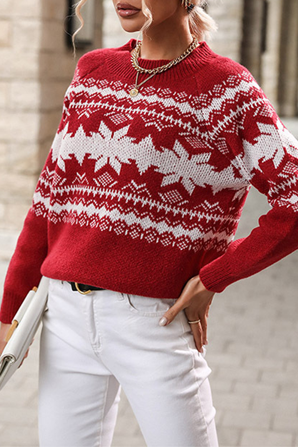 Snowflakes Contrast O Neck Tops Sweater