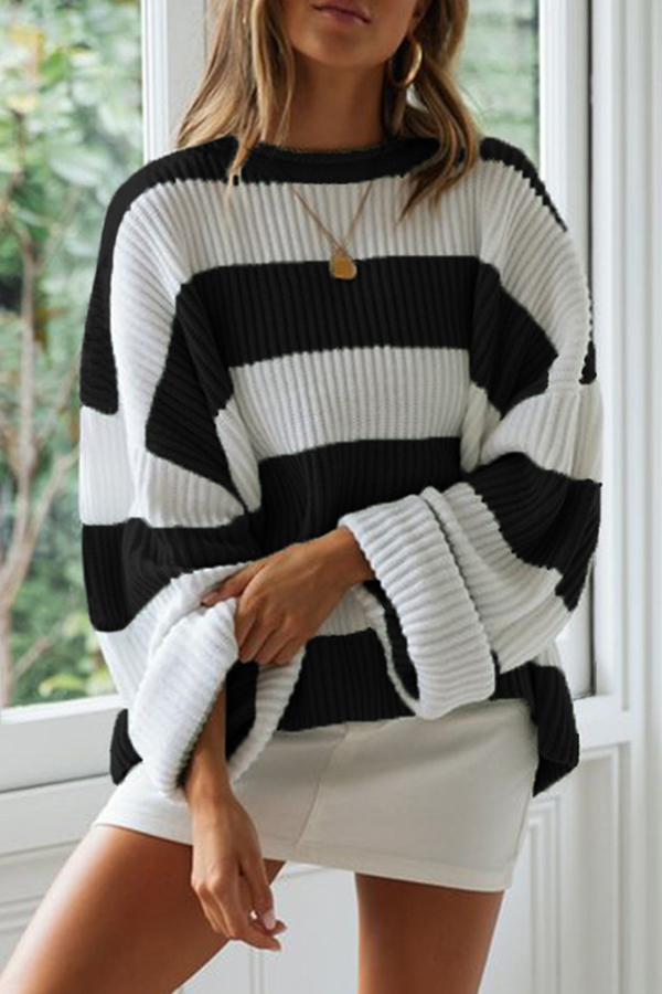 Striped Split Joint Contrast O Neck Tops Sweater（5 Colors）