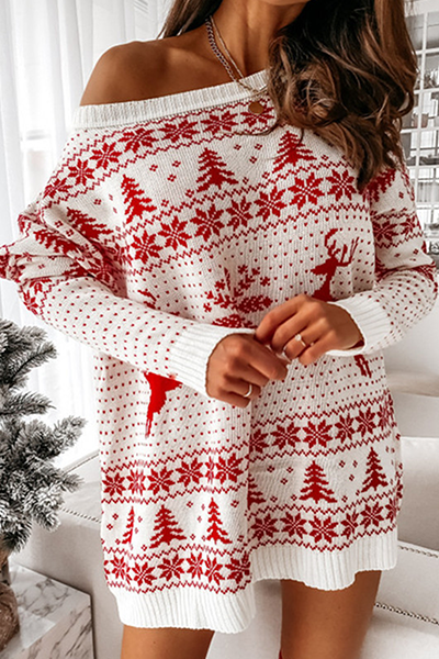Wapiti Snowflakes Christmas Tree Printed Patchwork Contrast O Neck Dresses Sweater