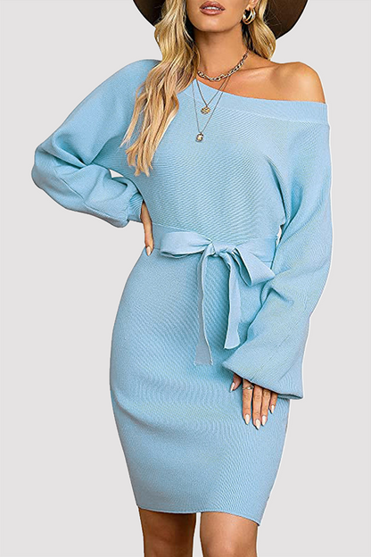 Patchwork With Belt Oblique Collar Wrapped Skirt Dresses
