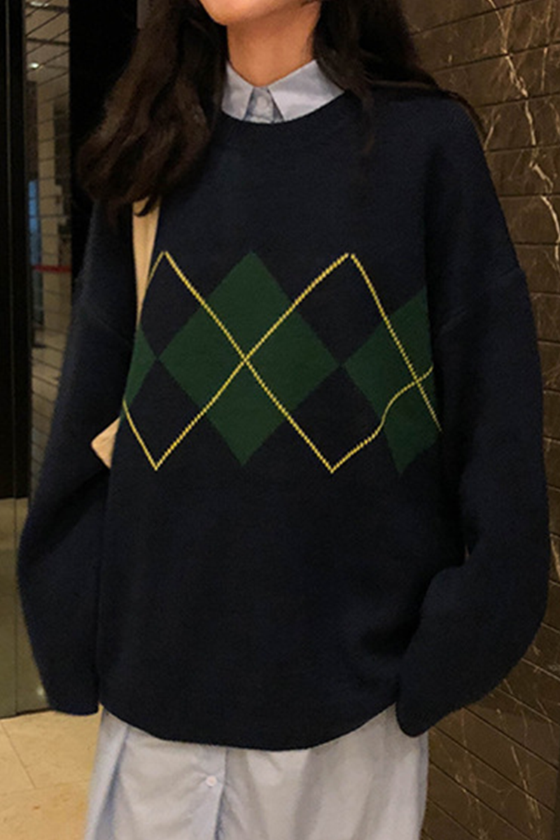 Geometric Patchwork Contrast O Neck Tops Sweater(3 Colors)