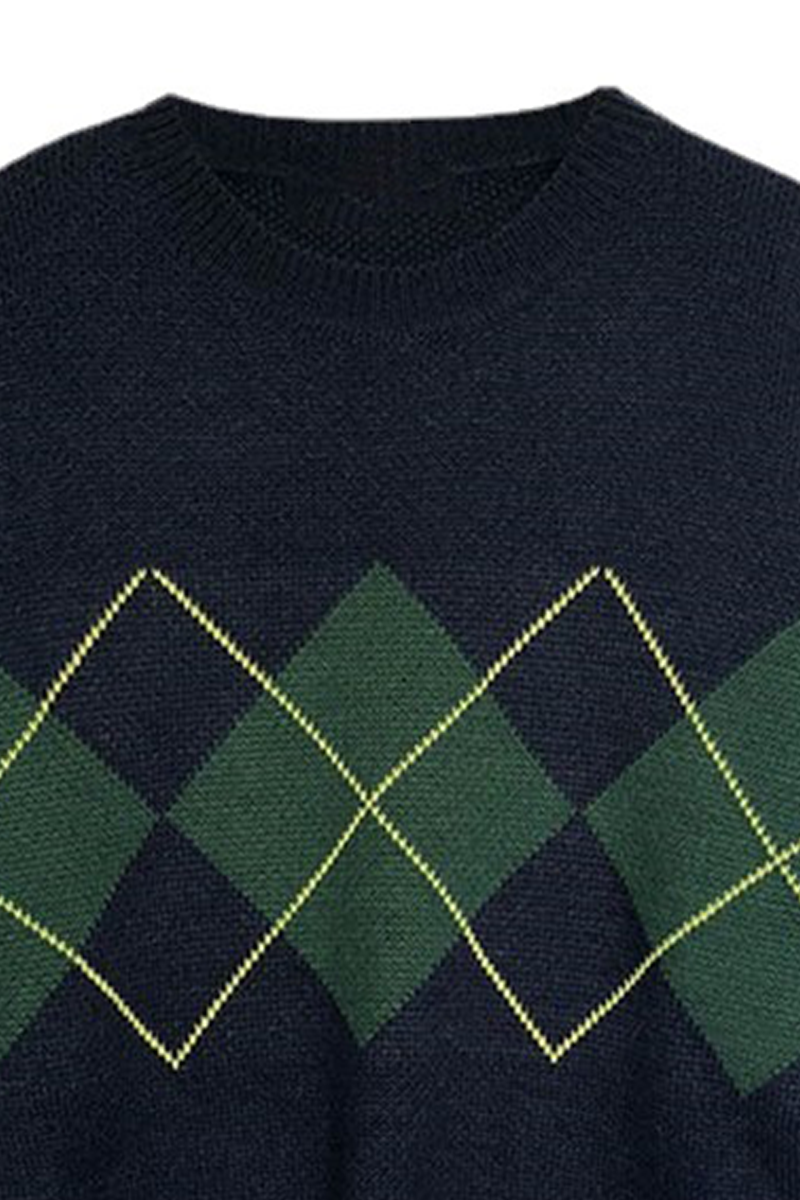 Geometric Patchwork Contrast O Neck Tops Sweater(3 Colors)
