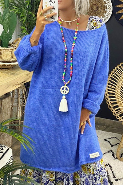 Patchwork Slit O Neck Tops Sweater