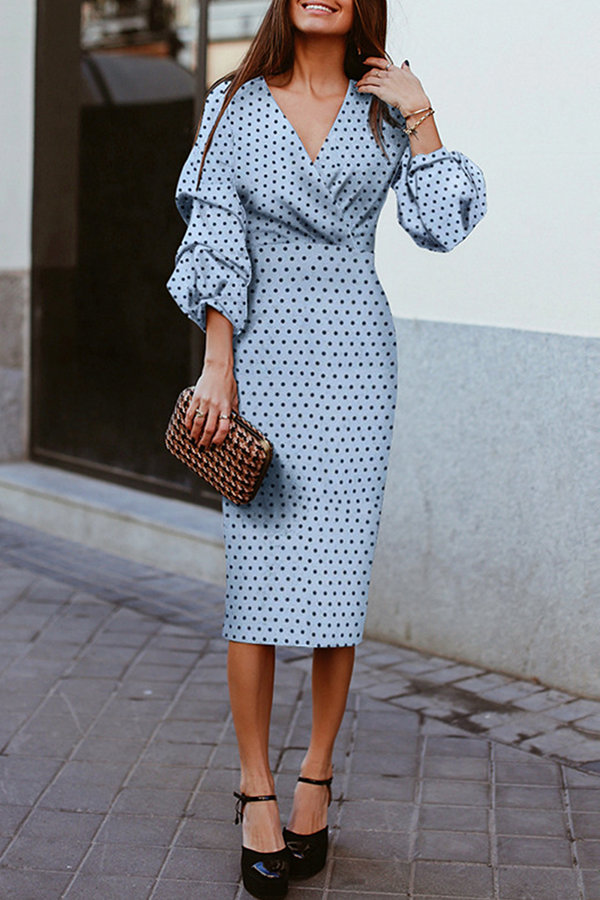 Polka Dot Fold V Neck Waist Skirt Dresses
