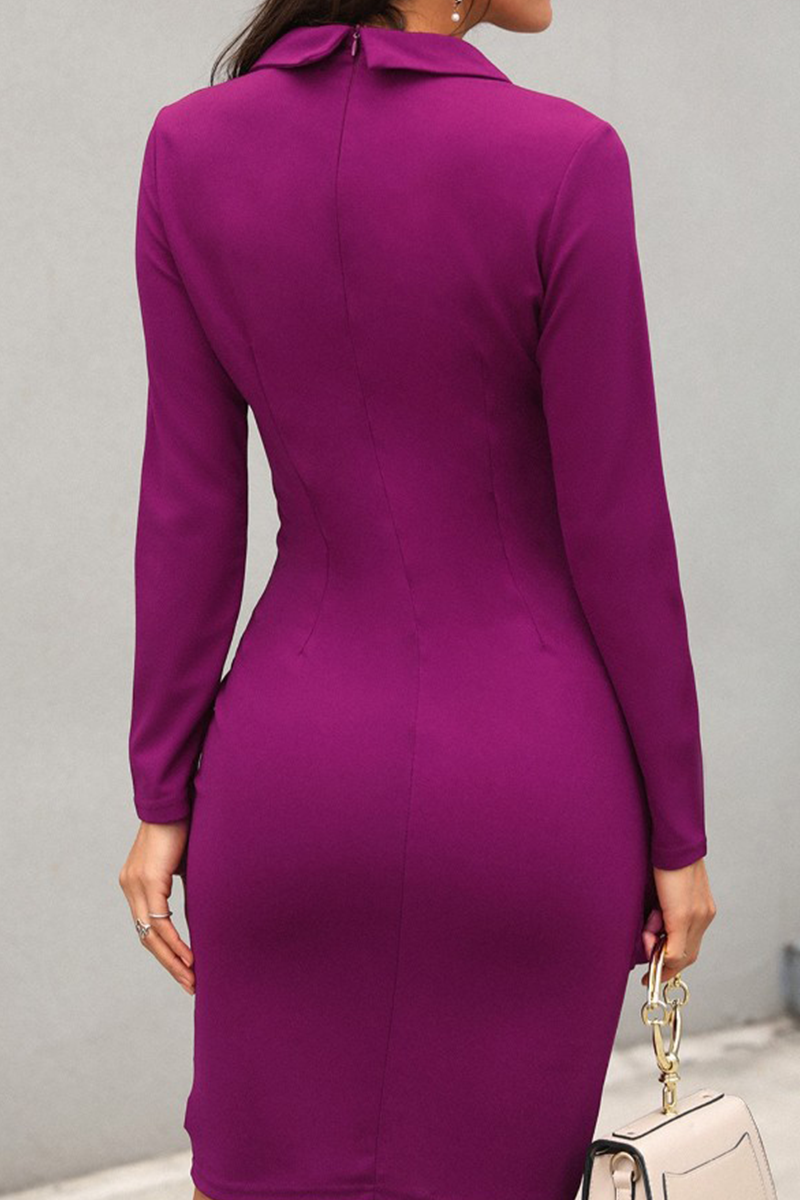 Patchwork Buckle Turn-back Collar Wrapped Skirt Dresses(4 Colors)