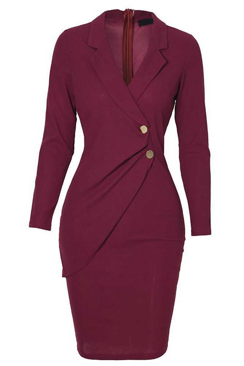 Patchwork Buckle Turn-back Collar Wrapped Skirt Dresses(4 Colors)