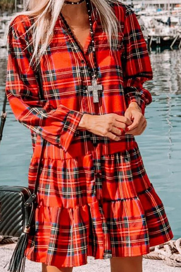 Plaid Buckle Flounce Cake Skirt Dresses
