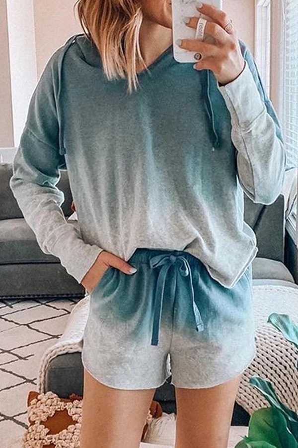 Print Make Old Draw String Hooded Collar Long Sleeve Two Pieces