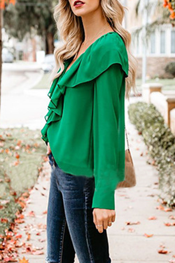 Patchwork Flounce V Neck Blouses(3 Colors)