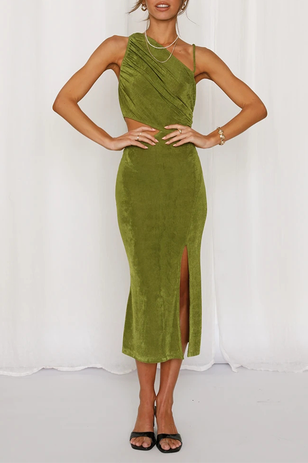 Hollowed Out Slit Oblique Collar Pencil Skirt Dresses