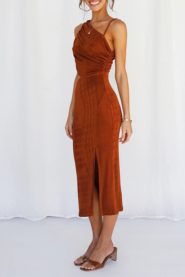 Hollowed Out Slit Oblique Collar Pencil Skirt Dresses