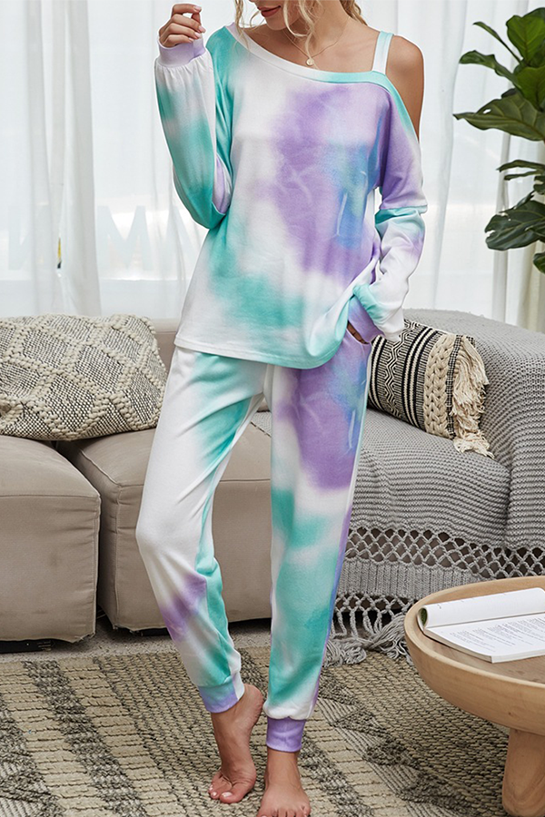 Tie Dye Hollowed Out Patchwork Conventional Collar Long Sleeve Two Pieces