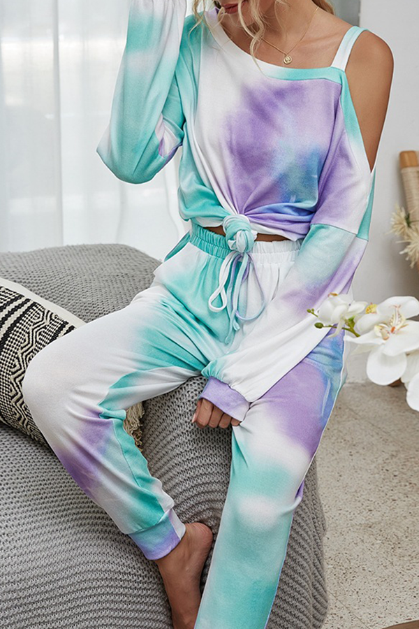 Tie Dye Hollowed Out Patchwork Conventional Collar Long Sleeve Two Pieces
