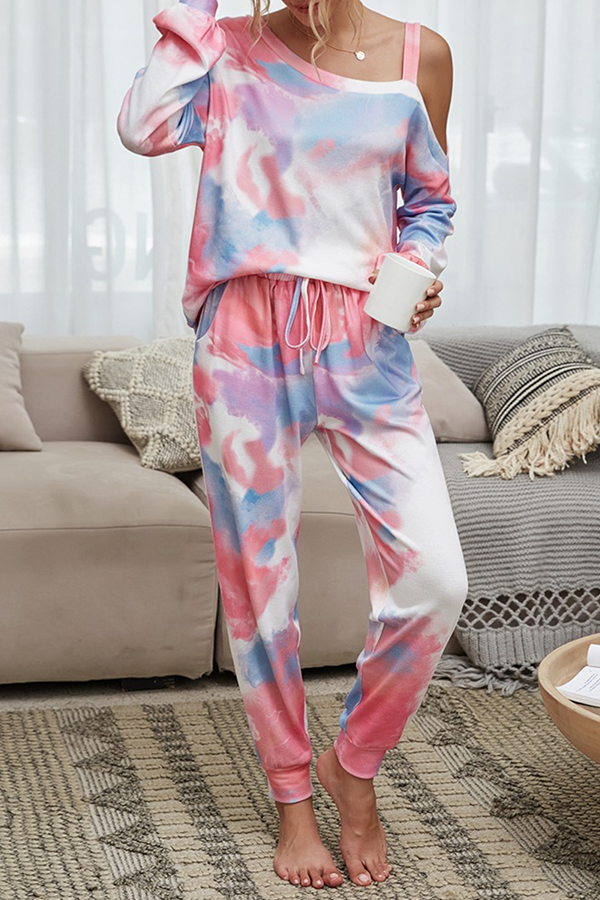 Tie Dye Hollowed Out Patchwork Conventional Collar Long Sleeve Two Pieces