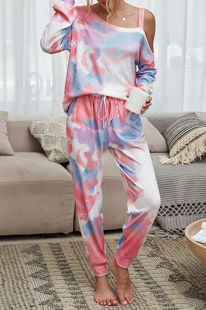 Tie Dye Hollowed Out Patchwork Conventional Collar Long Sleeve Two Pieces