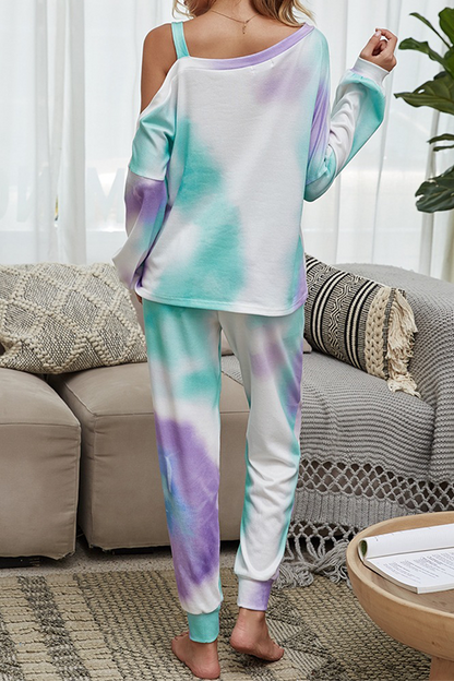 Tie Dye Hollowed Out Patchwork Conventional Collar Long Sleeve Two Pieces