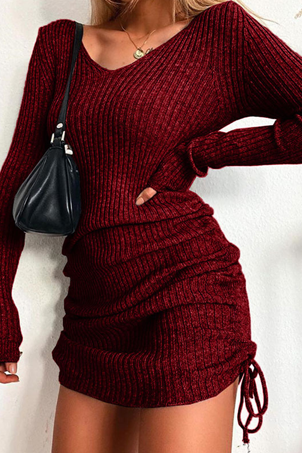 Draw String Frenulum V Neck Pencil Skirt Dresses