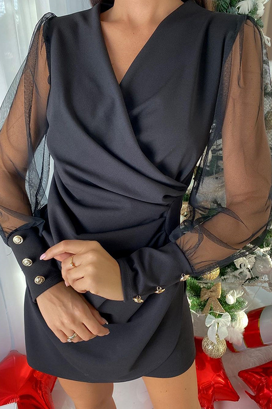 Patchwork Fold Mesh V Neck Pencil Skirt Dresses