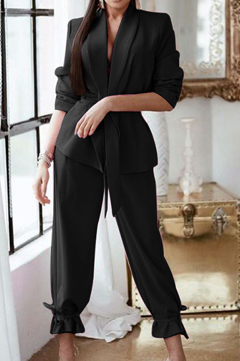 Draw String With Belt Turndown Collar Long Sleeve Two Pieces