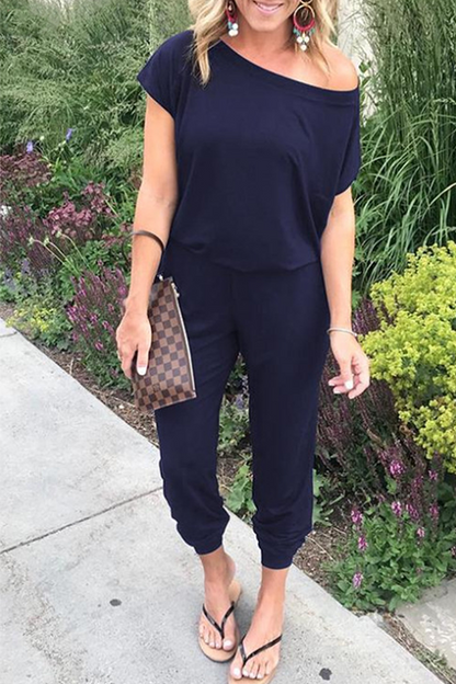 Patchwork Basic Oblique Collar Jumpsuits(8 Colors)