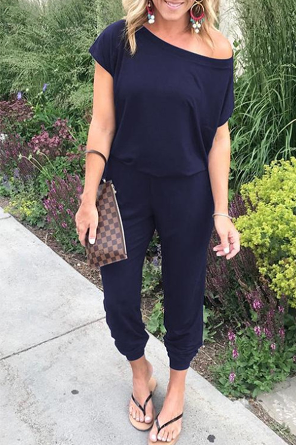 Patchwork Basic Oblique Collar Jumpsuits(8 Colors)