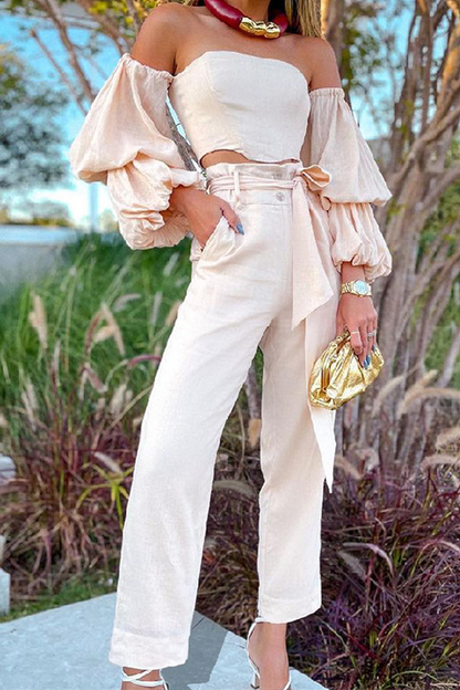 Split Joint With Belt Strapless Long Sleeve Two Pieces