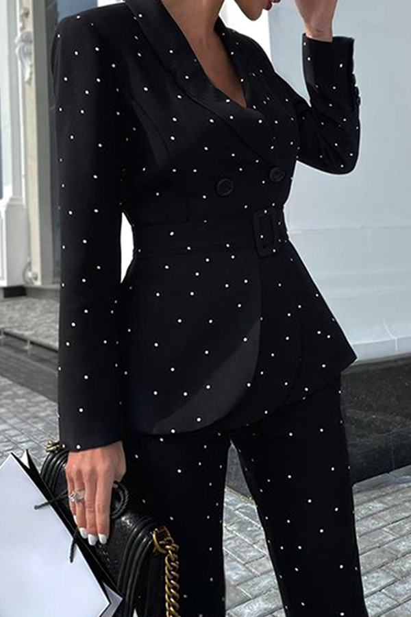 Polka Dot Buckle With Belt Turndown Collar Long Sleeve Two Pieces