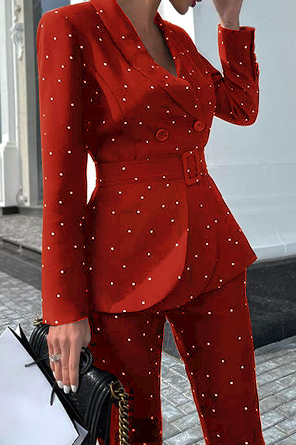 Polka Dot Buckle With Belt Turndown Collar Long Sleeve Two Pieces
