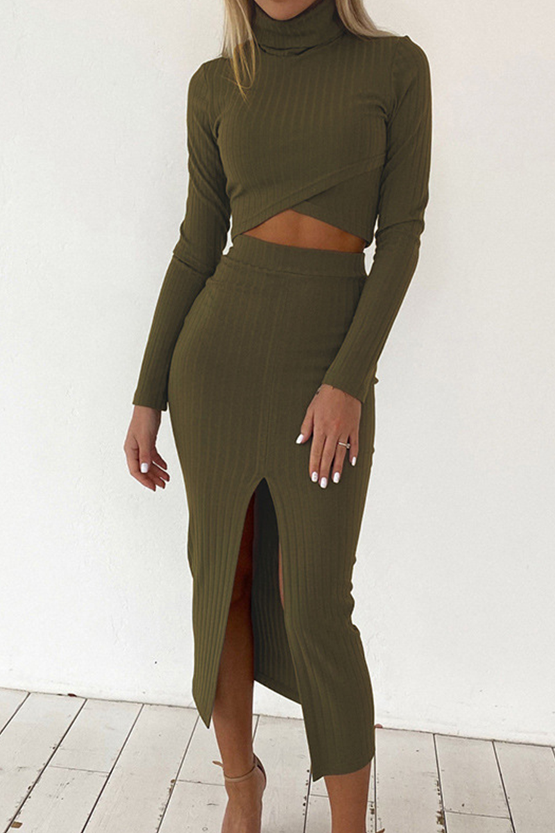 Slit Turtleneck Long Sleeve Two Pieces(4 Colors)