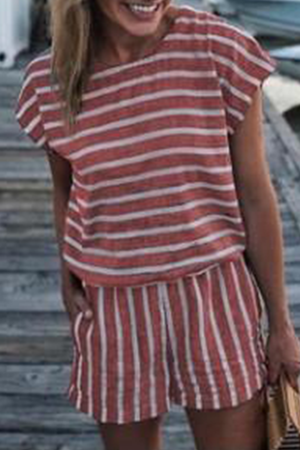 Striped Patchwork Pocket O Neck Short Sleeve Two Pieces