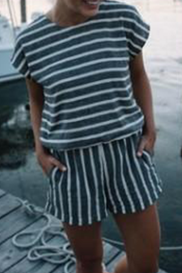 Striped Patchwork Pocket O Neck Short Sleeve Two Pieces
