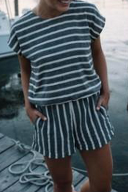 Striped Patchwork Pocket O Neck Short Sleeve Two Pieces