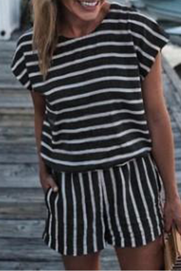 Striped Patchwork Pocket O Neck Short Sleeve Two Pieces