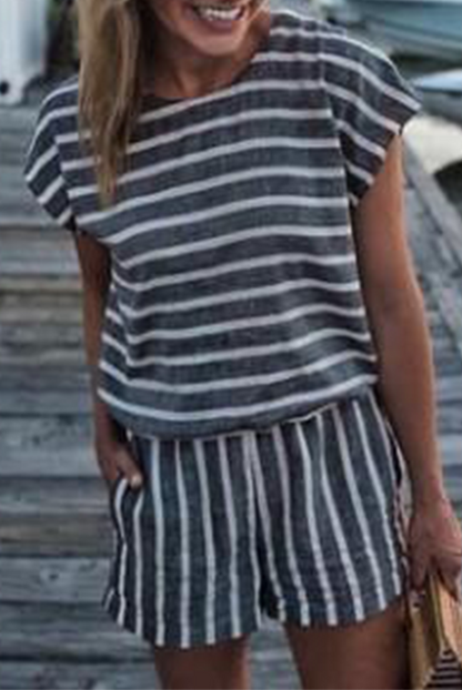 Striped Patchwork Pocket O Neck Short Sleeve Two Pieces