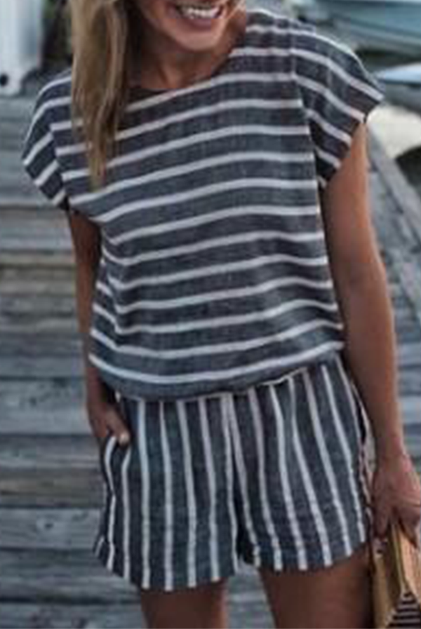 Striped Patchwork Pocket O Neck Short Sleeve Two Pieces