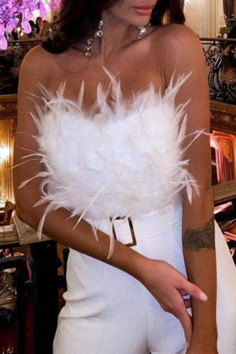 Feathers With Belt Strapless Jumpsuits(5 Colors)
