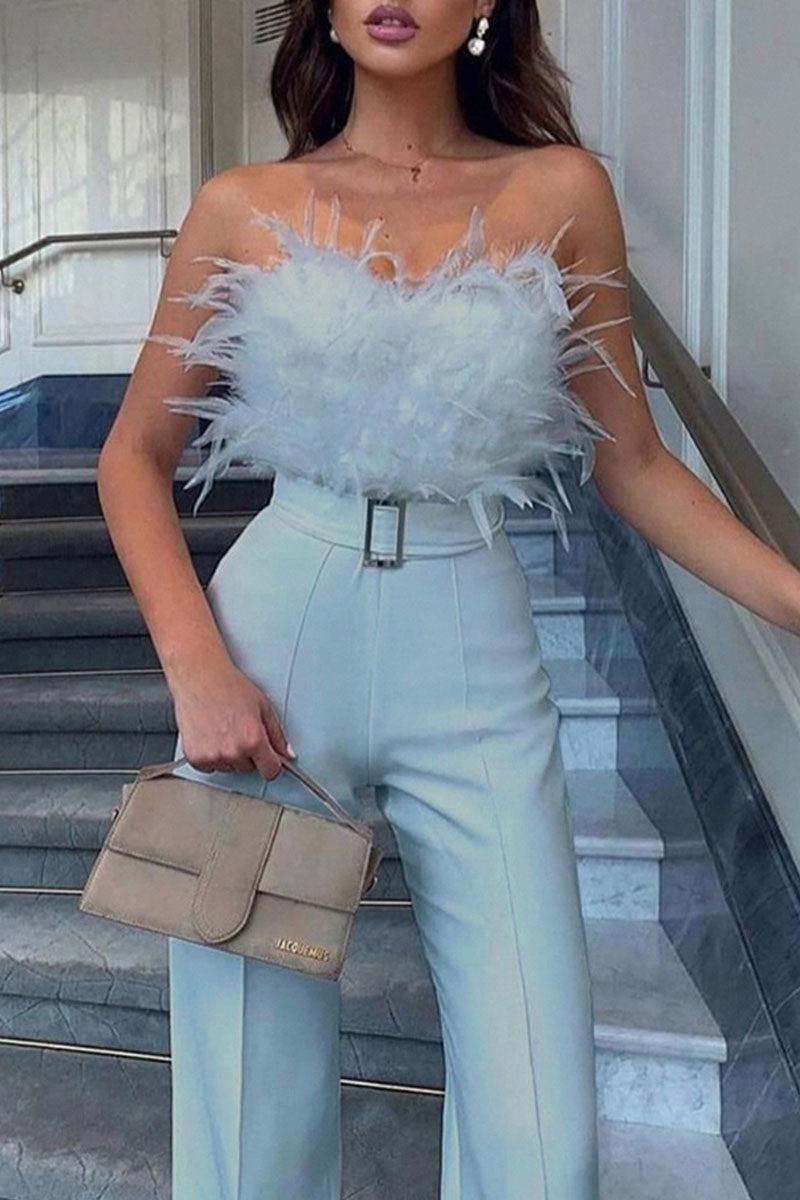 Feathers With Belt Strapless Jumpsuits(5 Colors)