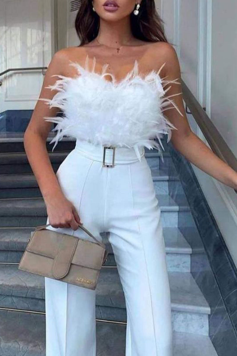 Feathers With Belt Strapless Jumpsuits(5 Colors)