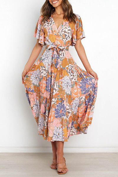Flounce Strap Design V Neck Waist Skirt Dresses(4 Colors)