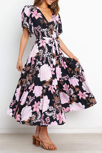 Flounce Strap Design V Neck Waist Skirt Dresses(4 Colors)