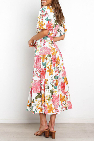 Flounce Strap Design V Neck Waist Skirt Dresses(4 Colors)