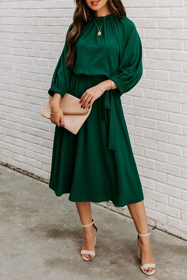 Patchwork With Belt O Neck Waist Skirt Dresses