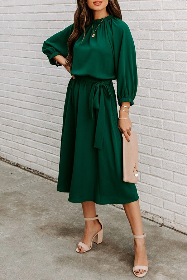Patchwork With Belt O Neck Waist Skirt Dresses