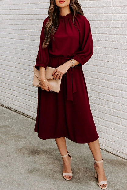 Patchwork With Belt O Neck Waist Skirt Dresses